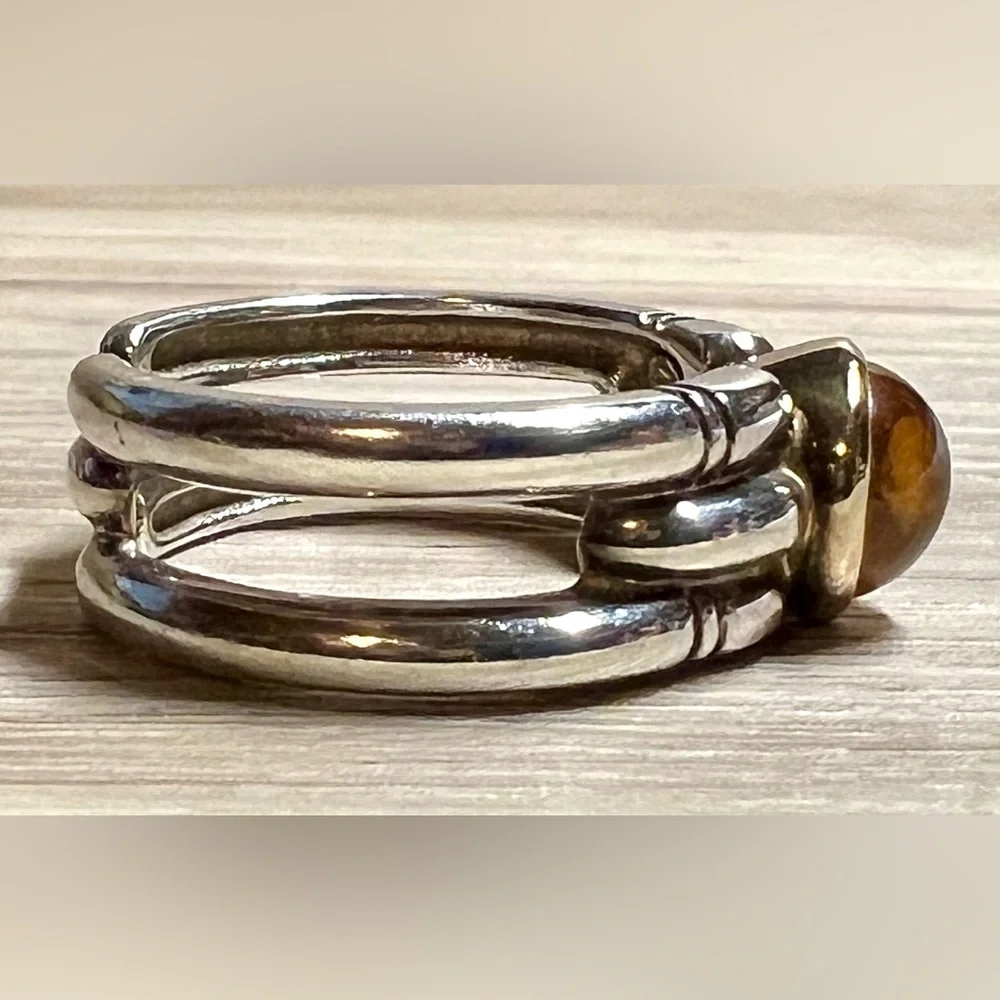Designer Hallmarked M Sterling Silver & 18K Gold Bezel Set Citrine Ring, Size 6